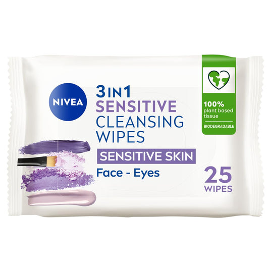 NIVEA Biodegradable Cleansing Wipes Sensitive Skin, Wipes from 100 percent Plant Fibres, Sensitive Make-Up Wipes, Face Wipes Makeup Remover, 25 Count (Pack of 1)