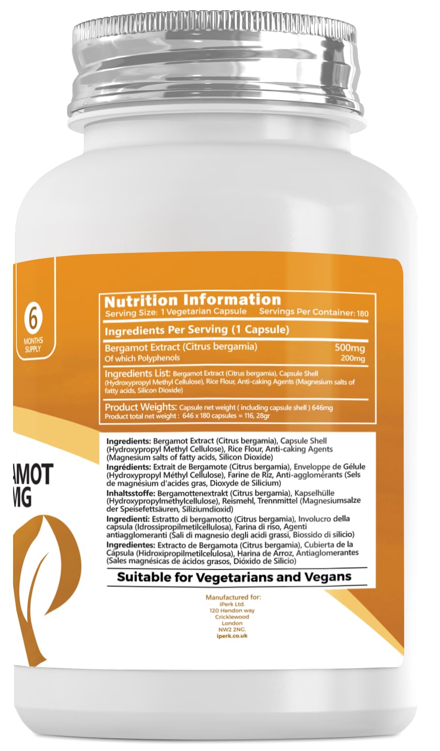 iperk Citrus Bergamot Extract 500mg - 180 Vegetarian Capsules - 40% Polyphenols - Premium Quality Supplement