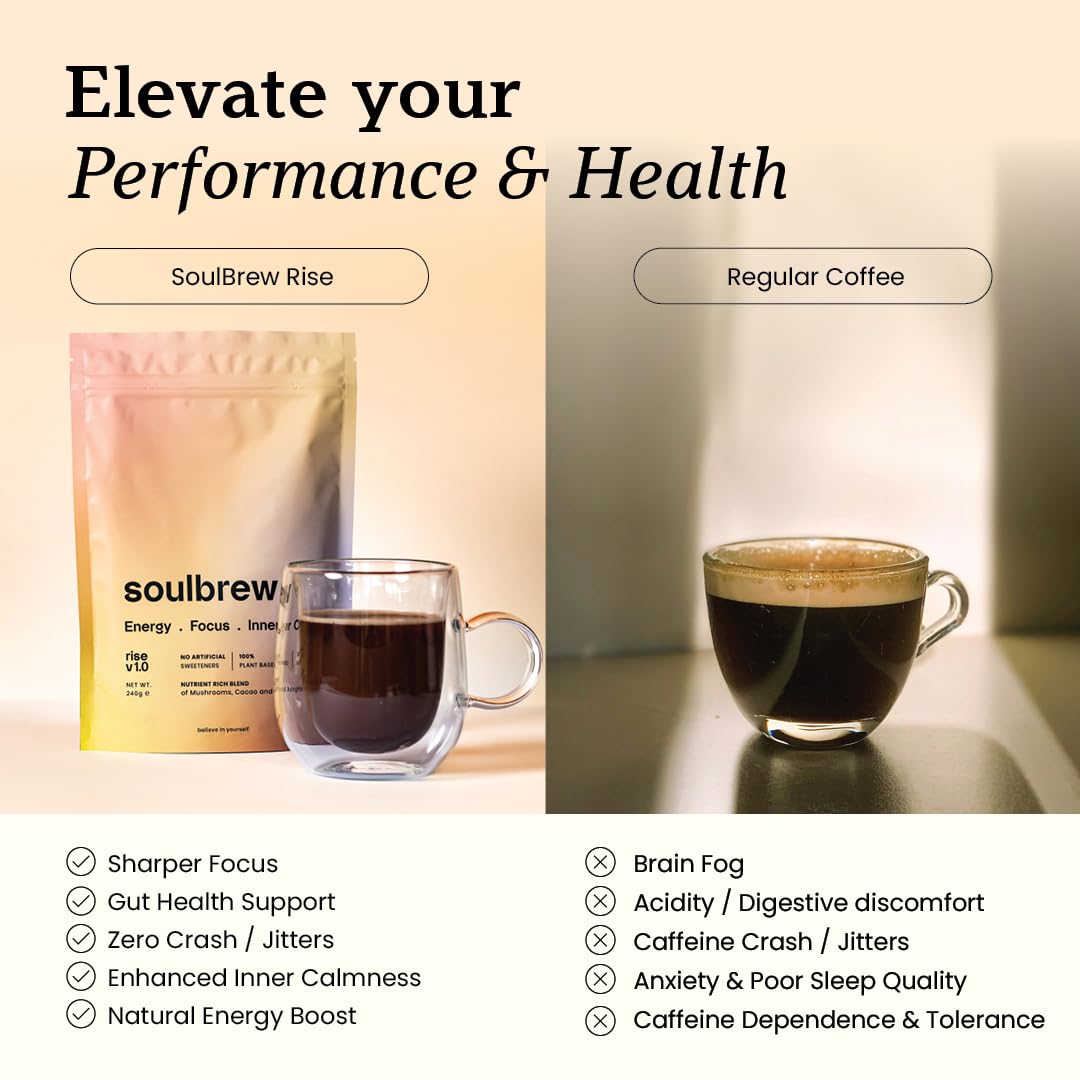 soulbrew SoulBrew Rise – Mushroom Coffee Alternative for Gut Health & Focus | Lion’s Mane, Cordyceps, Cacao | Adaptogenic Nootropic Drink for Calm Energy and Digestion | Vegan, 30 Servings