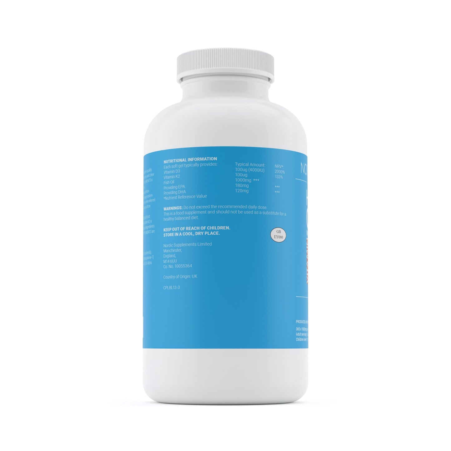 Nordic Supplements Omega 3 Fish Oil 1000mg with Vitamin D 4000iu and K2 100ug - 180 Capsules Supplements