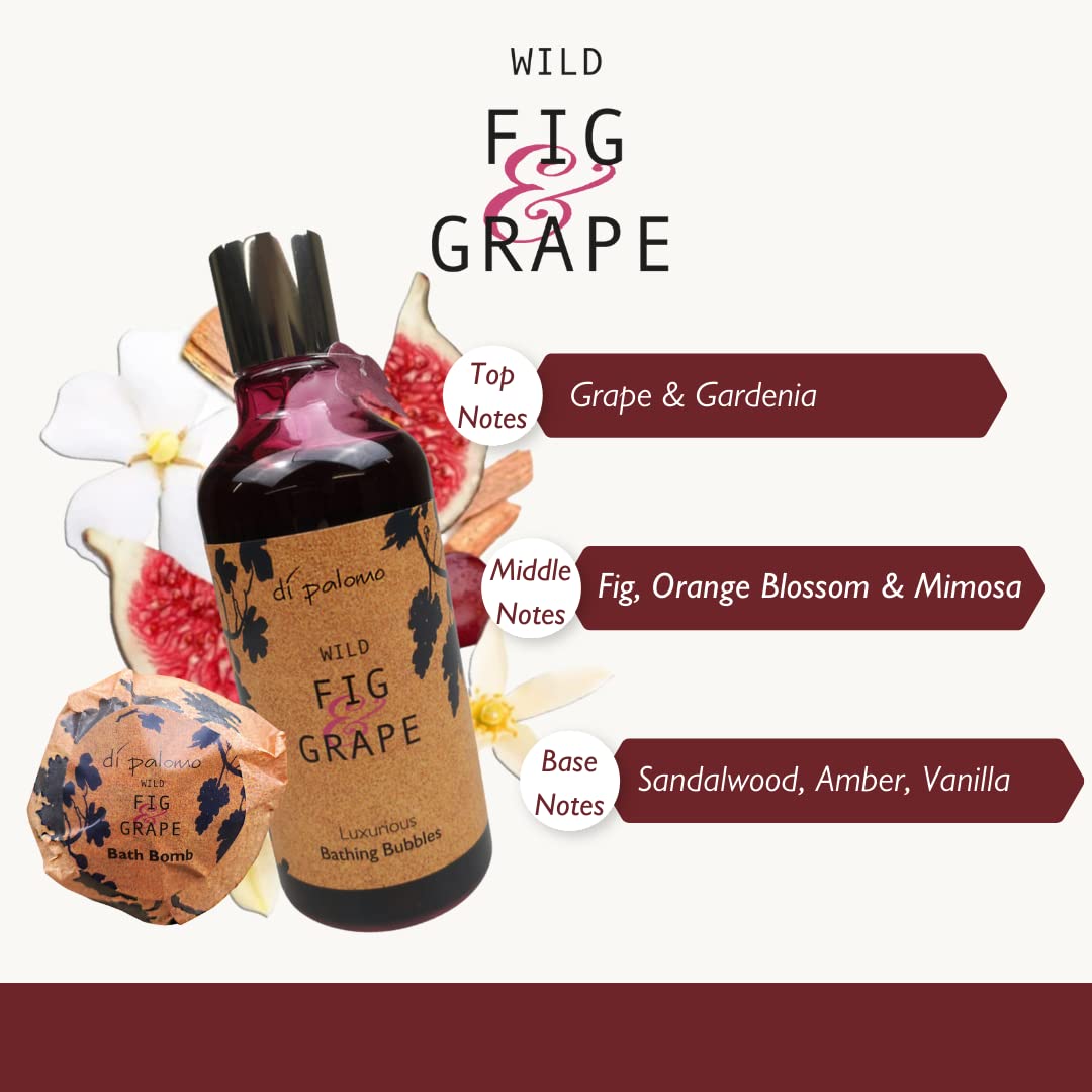 Di Palomo Vegan Wild Fig & Grape Indulgent Luxury Bathing Collection. Bathing Bubbles 300ml & 2 Bath Bombs. Bubble Bath Body Wash & Bath Bomb Bath Set. Vegan Bubble Bath & Shower Gel Gifts for Women.