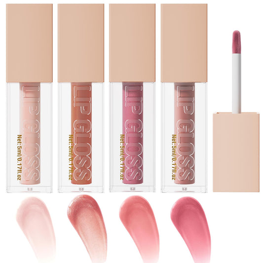 Skynest 4 Pcs Hydrating Lip Gloss, ICE/MOON/SILK/PETAL High Moisturizing Oil Tint with Hyaluronic Acid, High Shine for Plumper Looking Lips (#A)