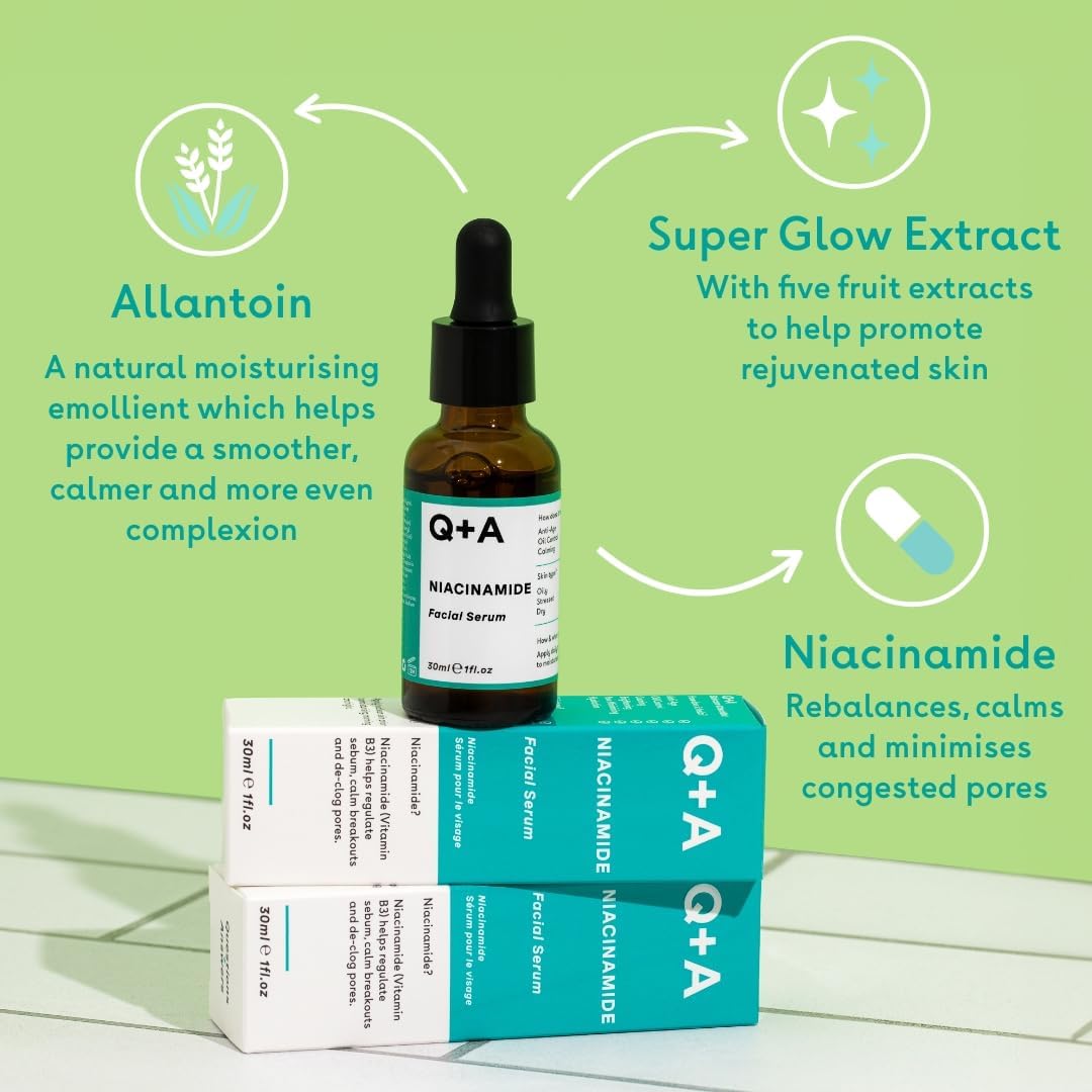 Q+A Niacinamide Serum, a signature blend of Pineapple, Passionfruit, Peach, Goji Berry, and Cantaloupe Melon, rich in antioxidants, protects the skin whilst hydrating and balancing, 30ml