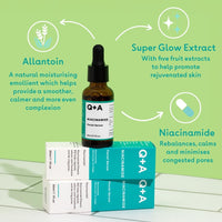 Q+A Niacinamide Serum, a signature blend of Pineapple, Passionfruit, Peach, Goji Berry, and Cantaloupe Melon, rich in antioxidants, protects the skin whilst hydrating and balancing, 30ml