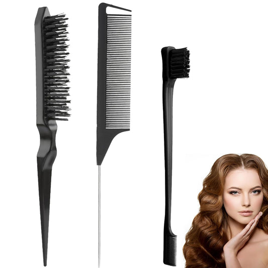 Luoqun88 3 Pcs Slick Back Hair Brush Set - Double Sided Edges Brush, Rat Tail Comb & Bristle Hair Brush for Women, Hairdressers, Salon Styling (Black)
