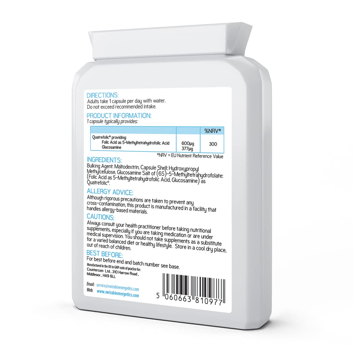 Methyl Folate 600µg - 90 Capsules as Quatrefolic 5-MTHF Supplement 6S-5-methyltetrahydrofolate – The 4th Generation of Folate a Highly biologically Active Form of Folic Acid/Vitamin B9 - UK Made