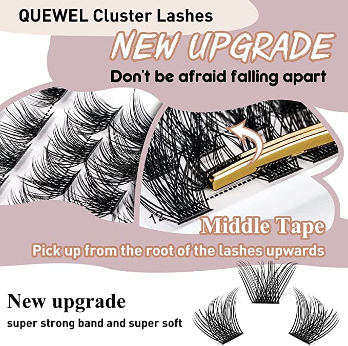 Cluster Lashes 72 Pcs QUEWEL Wide Stem Individual Lashes C/D Curl 8-16mm Length DIY Eyelash Extension False Eyelashes Soft for Personal Makeup Use at Home (Fluffy02-C-MIX8-16)