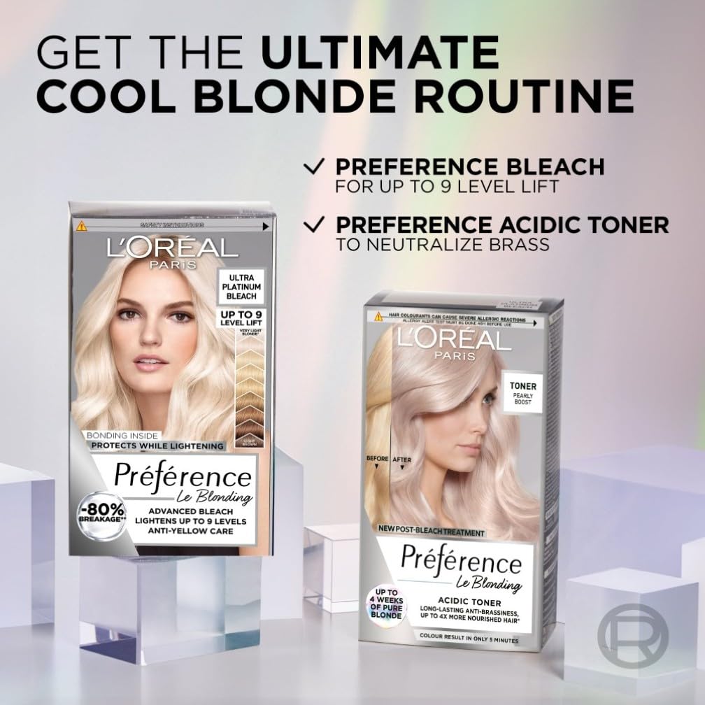 L'Oreal Paris Preference Le Blonding Acidic Toner Pearly Boost: Post-bleach treatment for long-lasting anti-brassiness and luminous results. Neutralise unwanted yellow tones for a beautiful pearly blonde finish.
