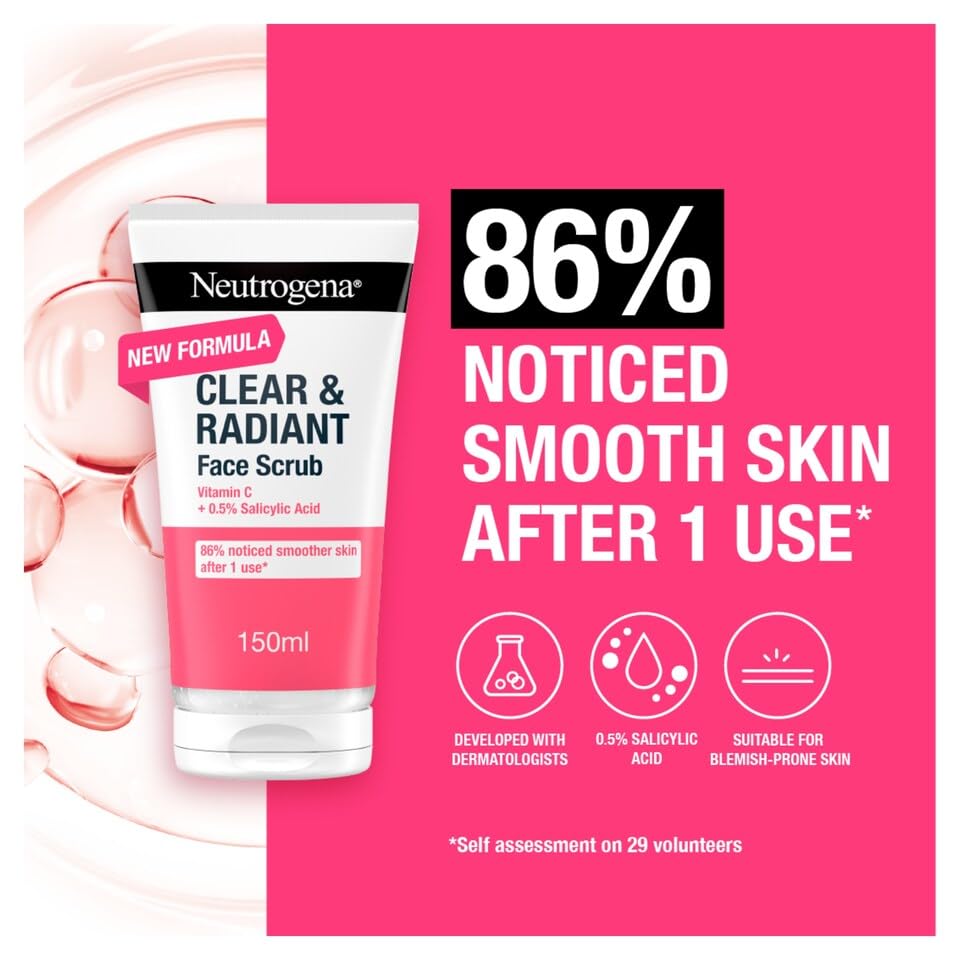 Neutrogena Clear & Radiant Face Scrub, Pack of 4 x 150ml, Glow Boosting with Vitamin C, Oil-Free, Exfoliates for Clear, Refined Skin