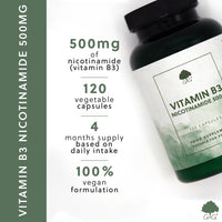 Vitamin B3 (Nicotinamide) 500mg - High Strength, Non-Flush, 120 Vegan Capsules - Non-GMO, Made in the UK - G&G Vitamins