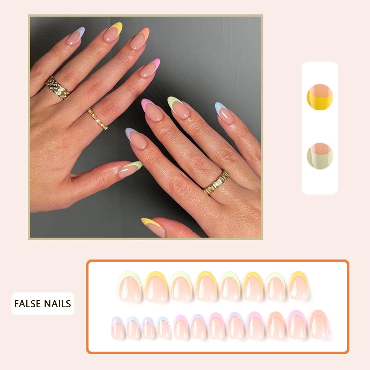 NLFOX Press On Nails Short - French Tip False Nails Almond - 24PCS Rainbow French Summer Fake Nail in 12 Sizes - Reusable Stick on Nails for Women