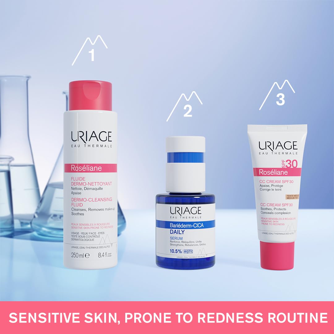 Uriage Roséliane Anti-Redness Dermo-Cleansing Face & Eyes Fluid 250ml - Fresh Milky Make-up Remover For Sensitive Skin Prone to Redness - Instant Relief & Long-Lasting Comfort - Non-Comedogenic