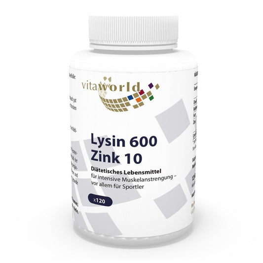 Vita World L-Lysine 600mg + Zinc 120 Vegetarian Capsules Made in Germany