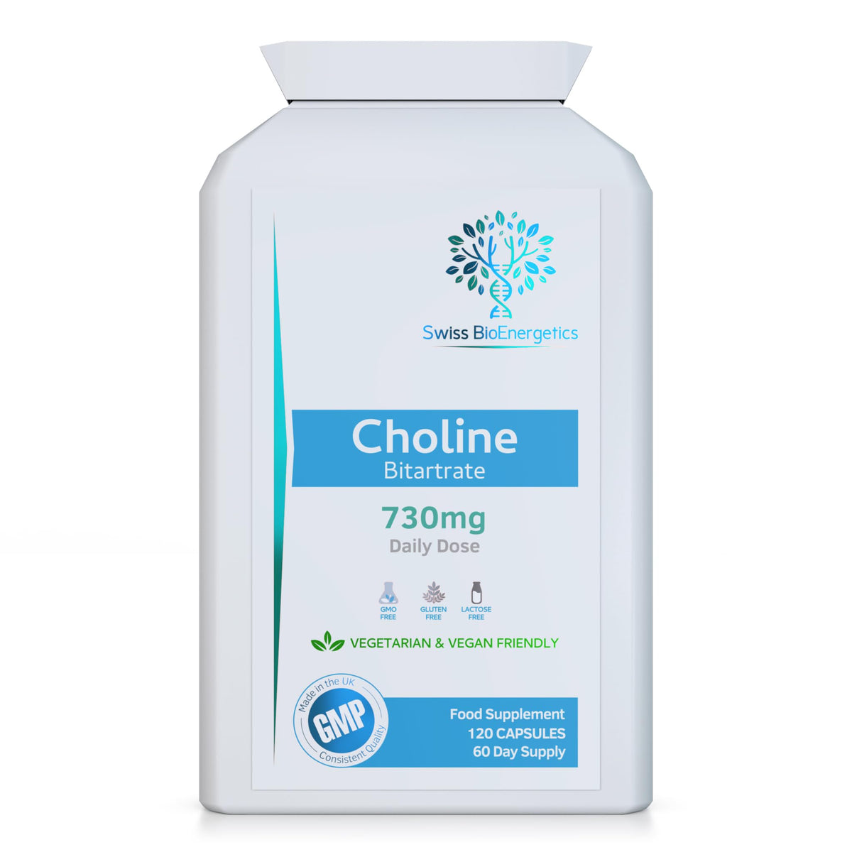 swiss bioenergetics Choline Bitartrate 730mg Daily Dose, 120 Vegan Choline Supplement Capsules - UK Made Support for Healthy Liver Function and Fat Metabolism