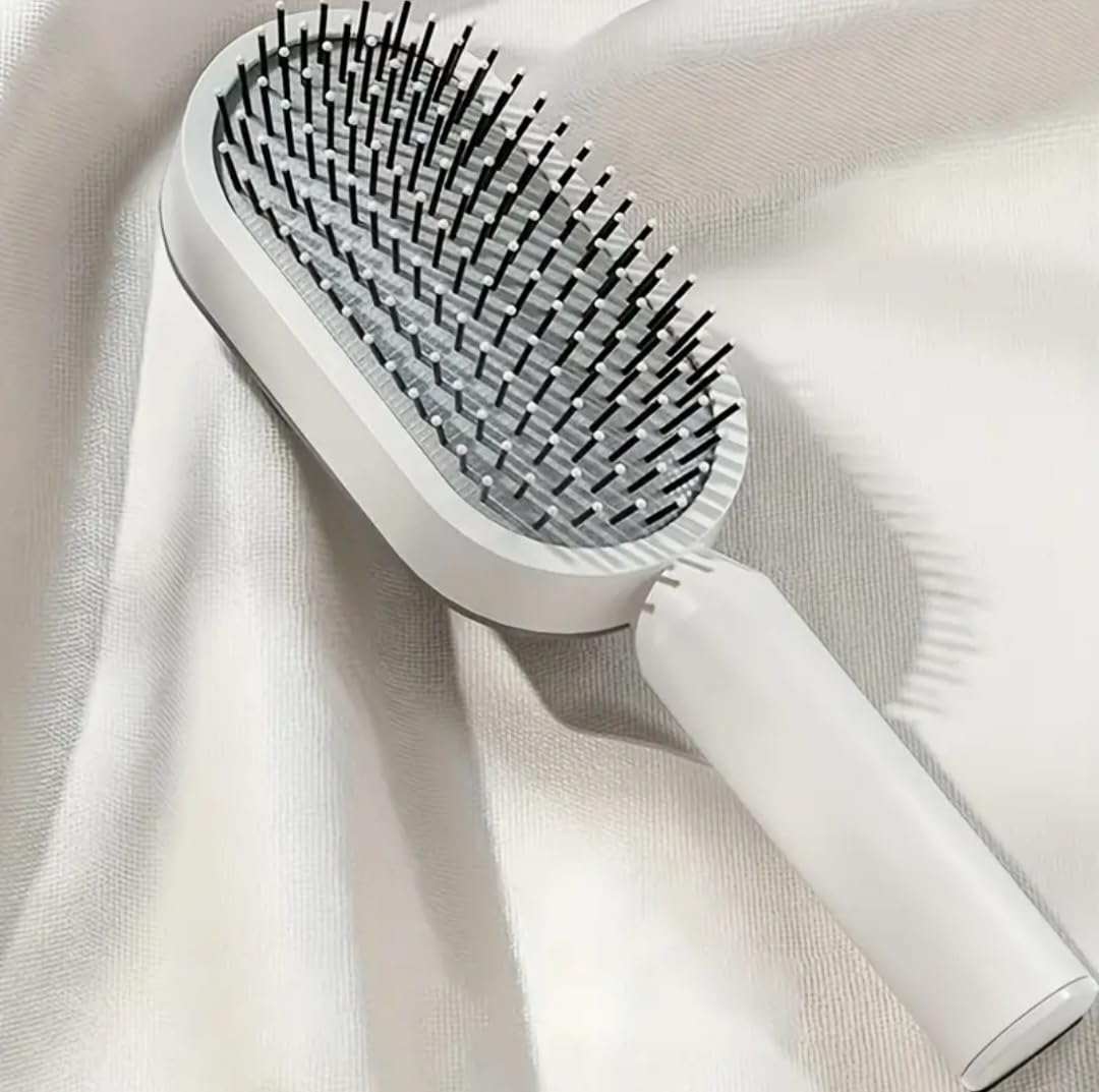 WANWEN Self Cleaning Hair Brush for Women, 3D Air Cushion Massager Brush, Easy Clean Hair Brush, Detangling Anti-Static Brush, Suitable for All Hair Types (White)