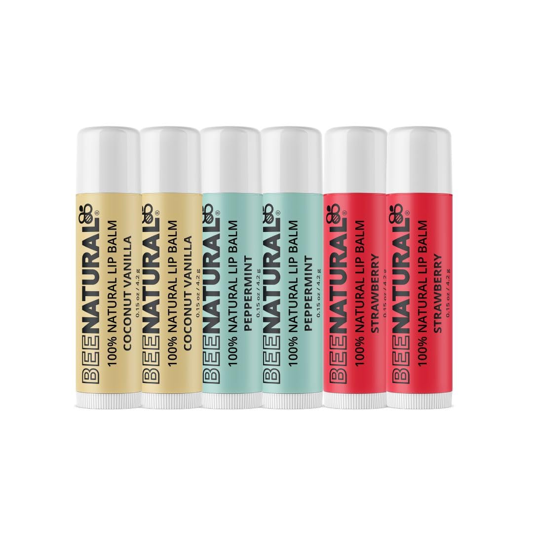 Bee Natural 100% Natural Moisturising Lip Balm - Multi Flavour (Peppermint, Coconut Vanilla, Strawberry) Pack of 6