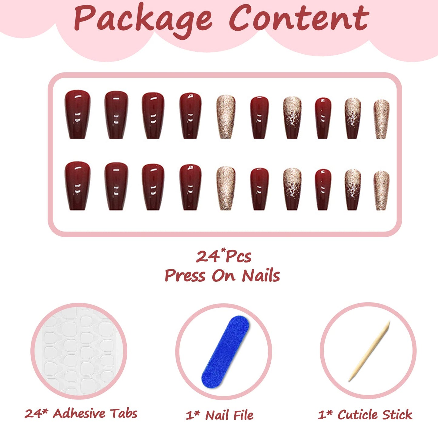 Ceboic 24Pcs Square False Nails Short, French Tip Stick on Nails Red Glitter Press on Nails, Fake Nails Set with Designs, Removable Acrylic Full Cover Glue-on Nails for Women Girls