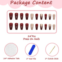 Ceboic 24Pcs Square False Nails Short, French Tip Stick on Nails Red Glitter Press on Nails, Fake Nails Set with Designs, Removable Acrylic Full Cover Glue-on Nails for Women Girls