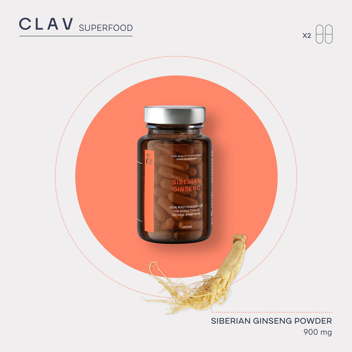 CLAV Siberian Ginseng Extract - 900mg Eleutherococcus Root Powder - Reduction of Tiredness & Fatigue - 60 Ginseng Capsules - Vegan - Made in Germany