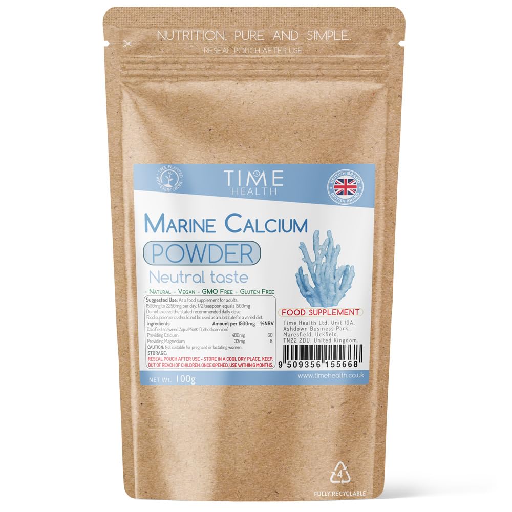 Time Health Marine Calcium and Trace Minerals 100g Powder – Neutral Taste – AquaMin® – Red Alga Lithothamnium calcareum – GMP – UK Made - Zero Additives (100g Pouch)