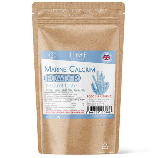 Time Health Marine Calcium and Trace Minerals 100g Powder – Neutral Taste – AquaMin® – Red Alga Lithothamnium calcareum – GMP – UK Made - Zero Additives (100g Pouch)