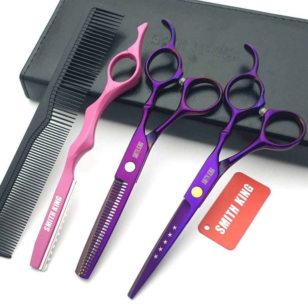 Smith King 6.0 inch Hair Scissors Set Hair Cutting Scissors & thinning Scissors with Razor&Comb in 1 Set (Violet)