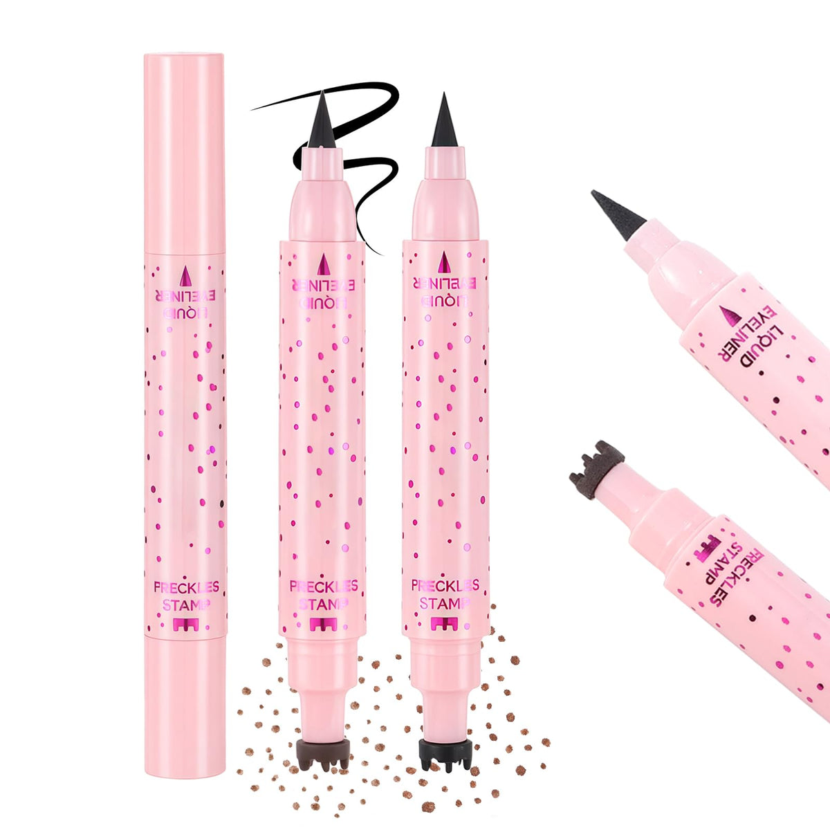 Prreal 2PCS Eyeliner Freckle Pen, 2 in 1 Freckle Stamp and Black Liquid Eyeliner, Waterproof, Natural Lifelike Freckles Makeup, Soft Sopt Pen Magic Fake Freckles, 01 Light Brown+ 02 Medium Brown