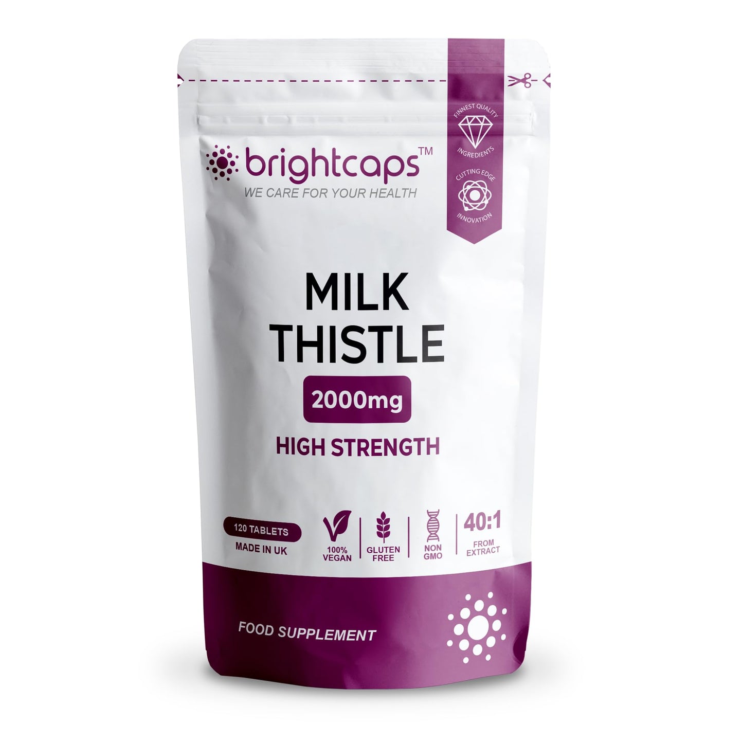 Brightcaps Milk Thistle Tablets 80% Silymarin High Strength 4,000mg Per Serving 2 Months Supply, 120 Vegan Tablets - Milk Thistle Capsules Alternative - Premium Supplement Made in UK