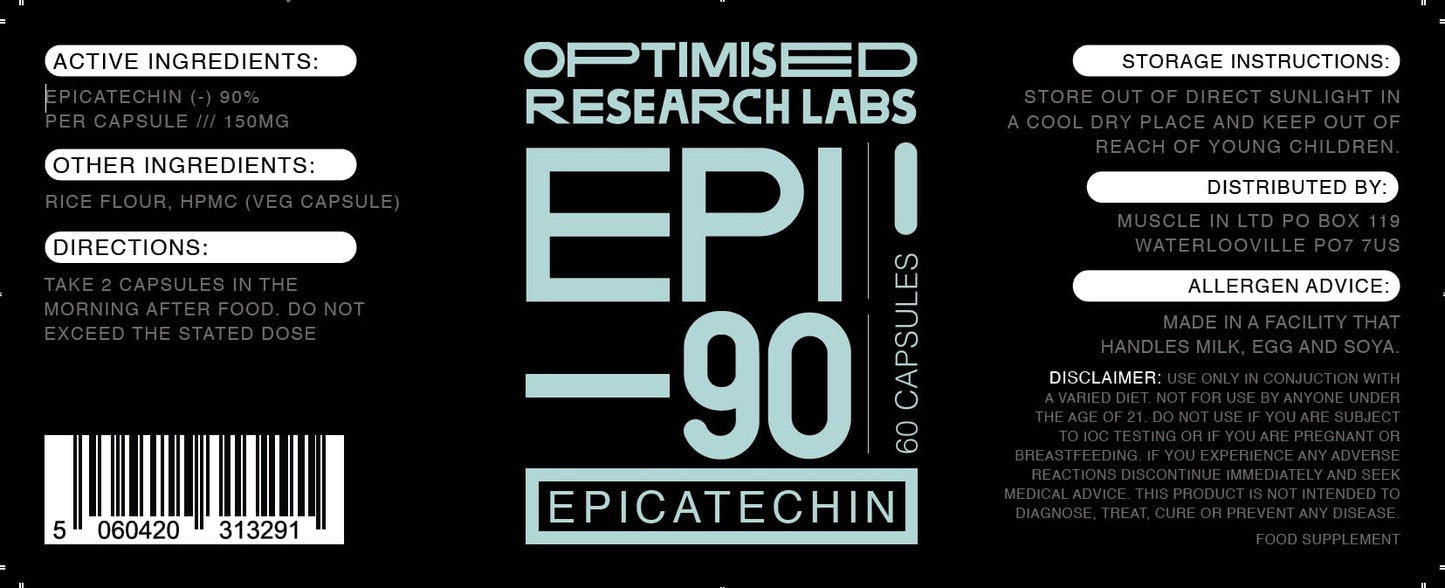 Optimised Research Labs EPI – 90 Epicatechin Supplement High Strength Muscle Builder, Muscle Recovery, Increase Strength & Endurance, Antioxidant, 30 Day Supply – 150mg (-) 90% Vegan Friendly