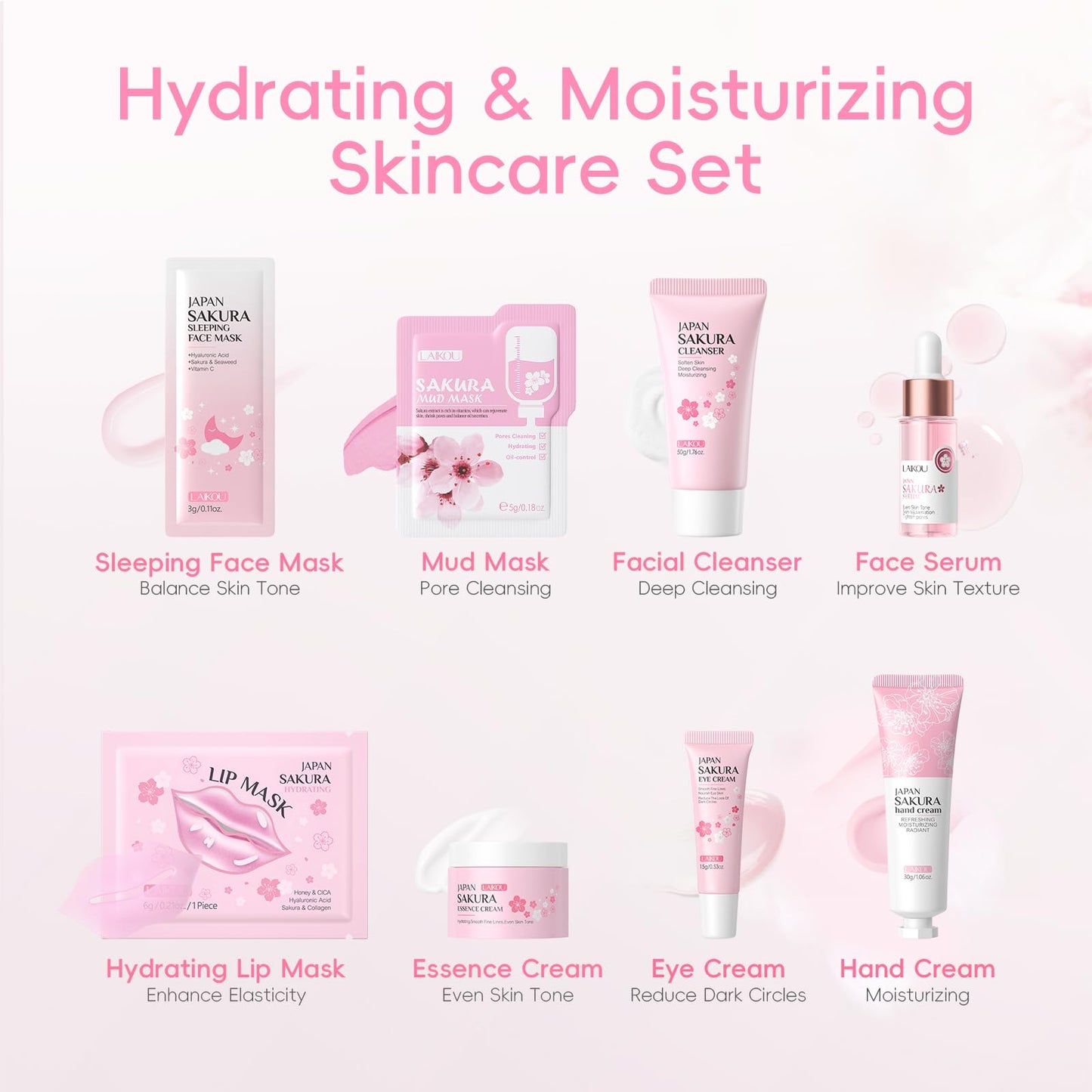 LAIKOU Sakura Skincare Set, 20PCS Face Care Kit, Cleanser, Serum, Eye, Moisturiser, Eye & Hand Cream, Sleeping & Mud Mask, Hydrating Travel-Friendly Pamper Gifts Set for Women Teen Girls