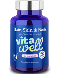 Vitawell Hair Skin & Nails Gummies | Support for Hair Growth + Skin + Nails Vitamins Chews | Complex Formula Biotin, Zinc, Selenium & Vitamin E | 60 Strawberry Flavour | | Multivitamin Gummies
