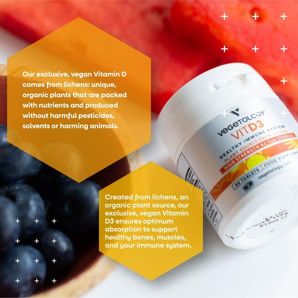 Vegetology Vegan Vitamin D3 2500iu Chewable Tablets - Vegan and Vegetarian Society Registered Vitamin D - 60 Days Supply