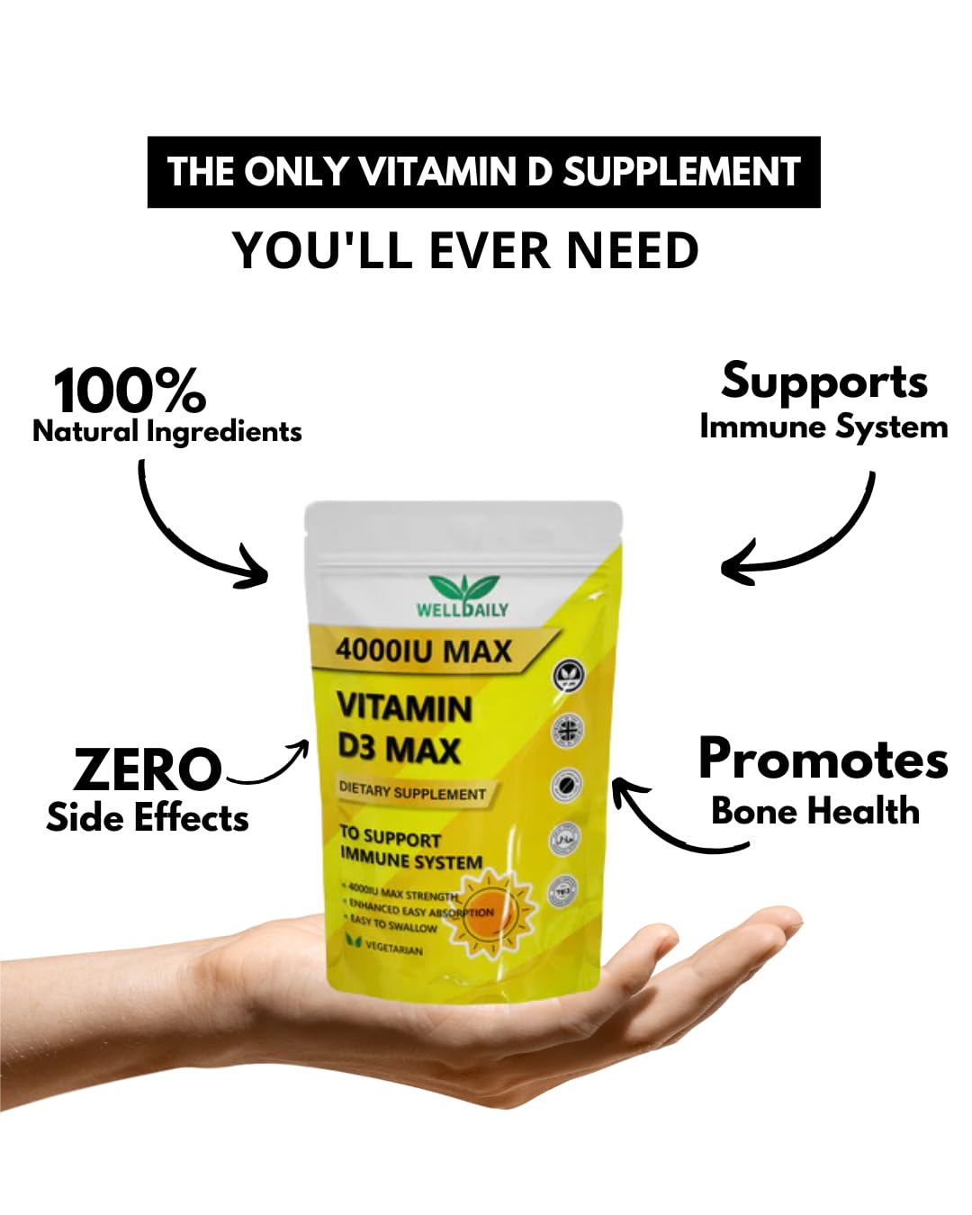 Well Daily Vitamin D3 - D3 Vitamin 4000 Lu | 360 Tablets Max Vitamin D3 | Easy to Swallow High Strength Muscle & Bone Support Tablets | Halal & Kosher Vegan Tablets for Regulate Blood, Heart Function