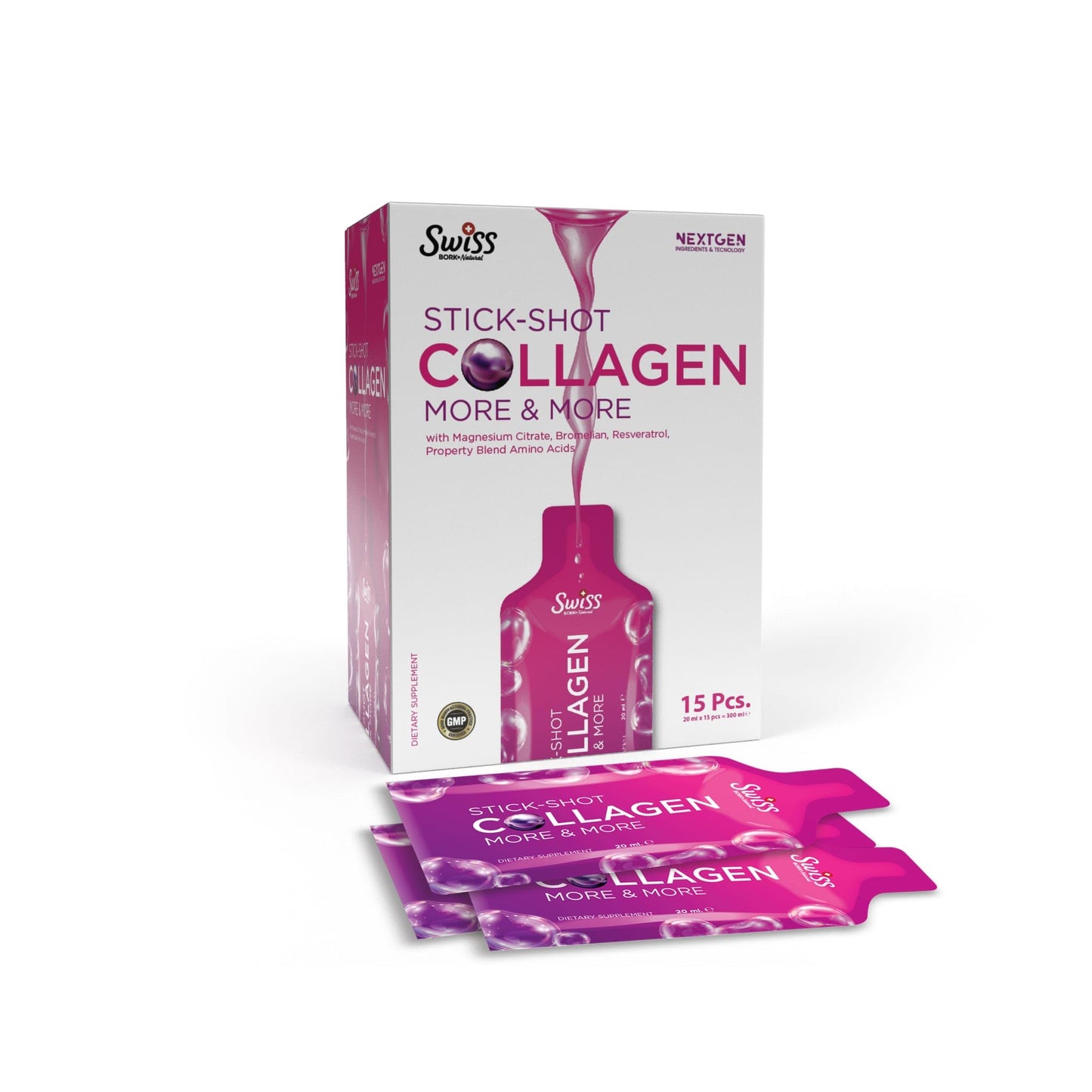 Swiss Stick-Shot Collagen More & More, 15 Pcs, with Magnesium Citrate, Brazilian Resveratrol, Proprietary Blend Amino Acids