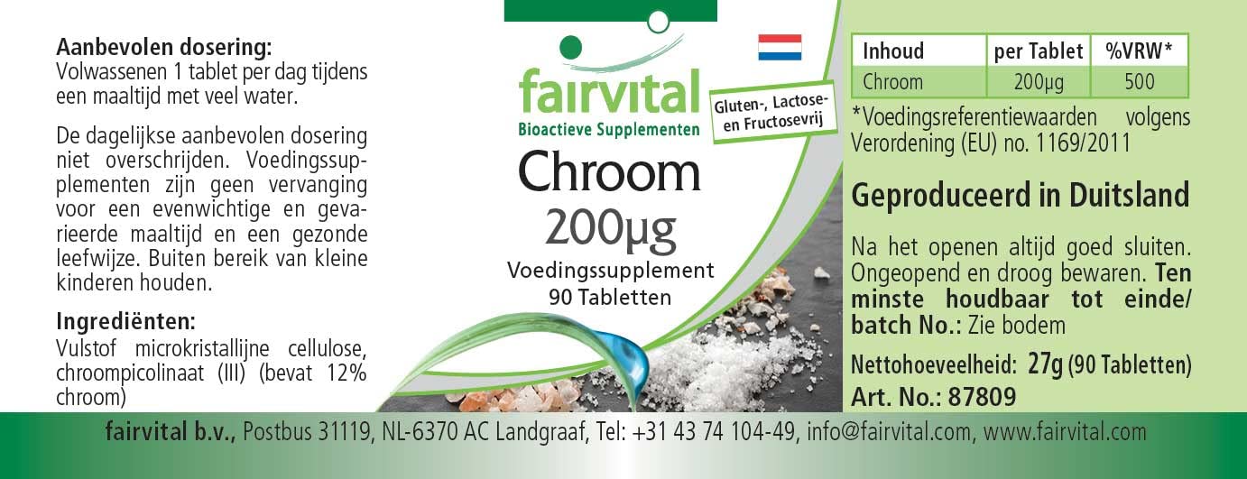 Fairvital | Chromium 200mcg from Chromium picolinate - Bulk Pack for 3 Months - HIGH Dosage - Vegan - 90 Tablets