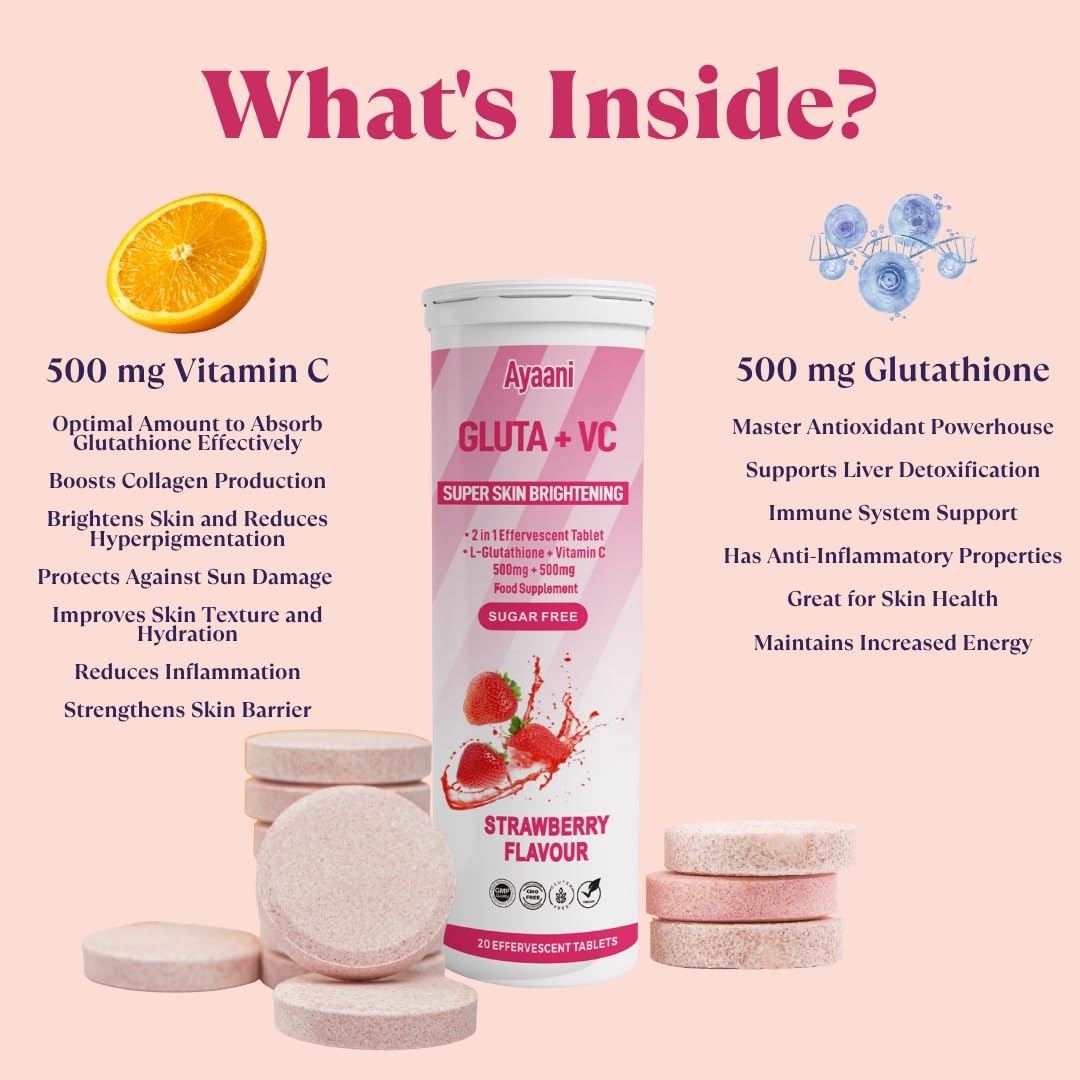 Ayaani Glow Glutathione & Vitamin C Effervescent Tablets - 500mg Each, Sugar-Free Antioxidant Drink for Skin Brightening & Glowing Skin, Strawberry Flavour, 20 Vegan Tablets