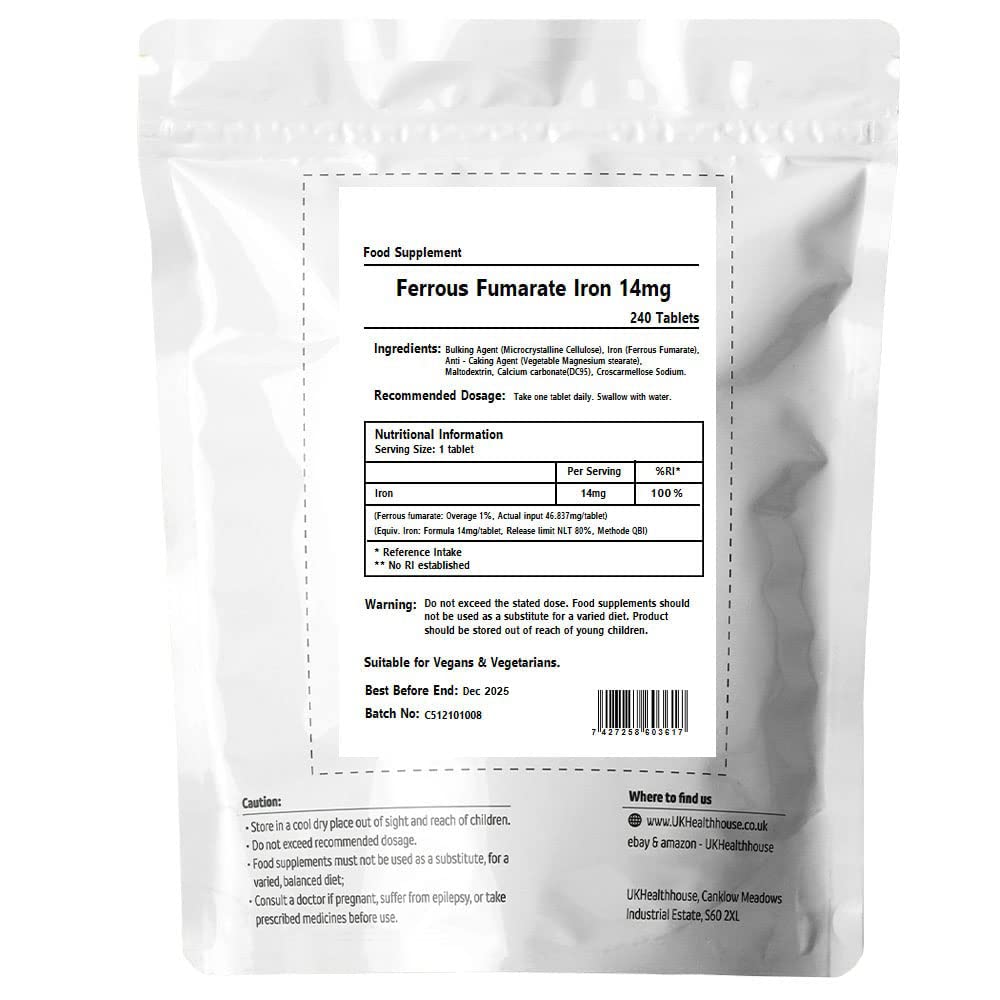 UKHealthHouse Ferrous Fumarate Iron Tablets 14mg x 240 Blood Cells Energy Anaemia Tiredness Pregnancy High Strength General Health & Well Being Supplement Vegan