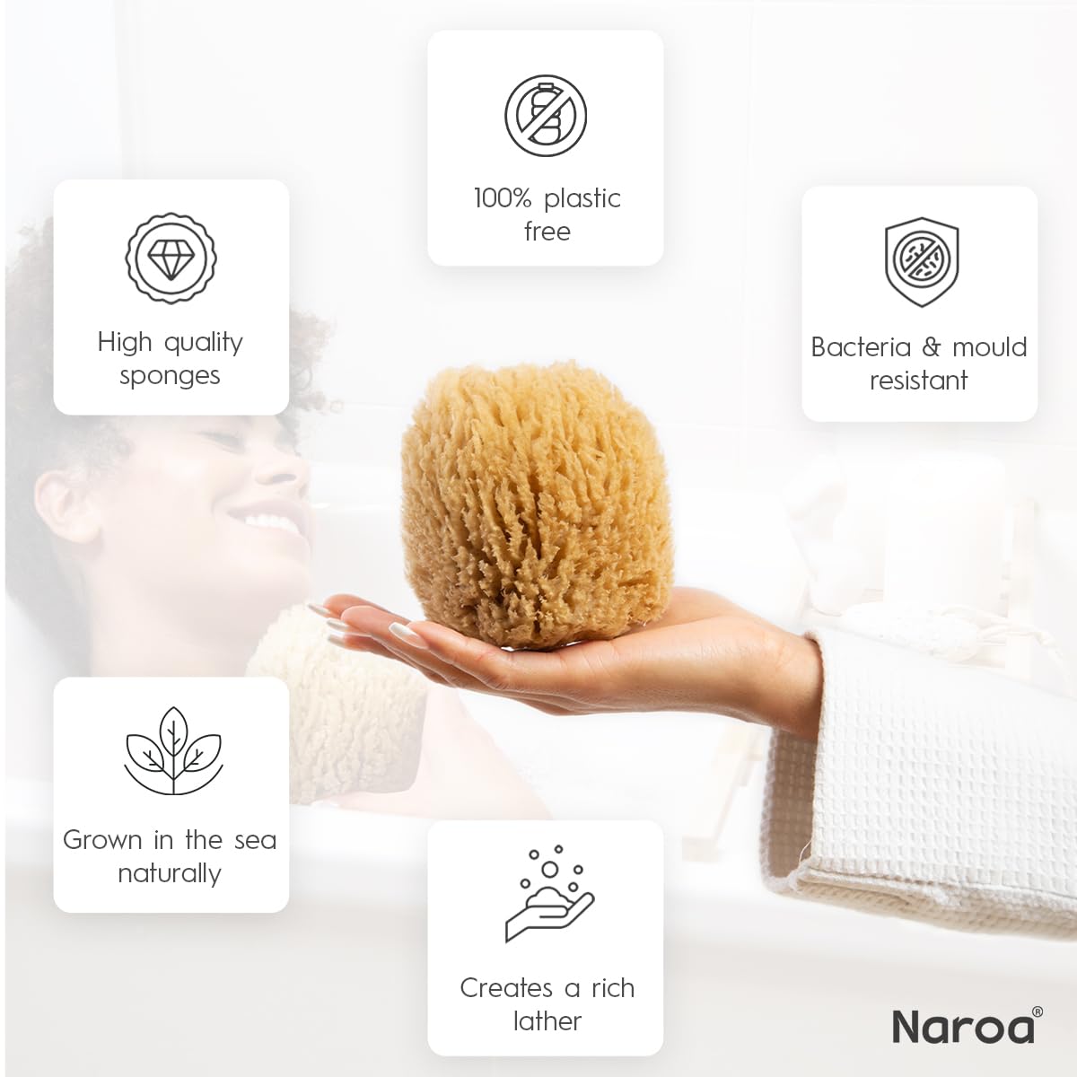 Naroa NAROA Natural Exfoliating Loofah Sea Sponges for Bath & Shower | Scrunchie Body Puff Scrubber | Sustainable Eco Gift for Adults (Medium)