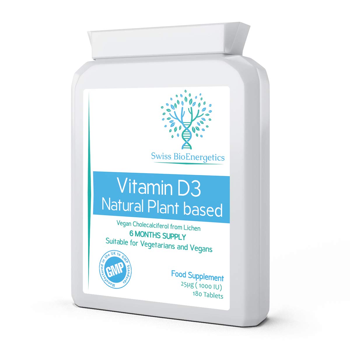 swiss bioenergetics Vitamin D3 1000 IU - 100% Vegan - 6 Months Supply - Natural Cholecalciferol derived from Algae, Making it Low-CO2 and 100% Plant sourced - no pesticides and no Harsh solvents - UK Made