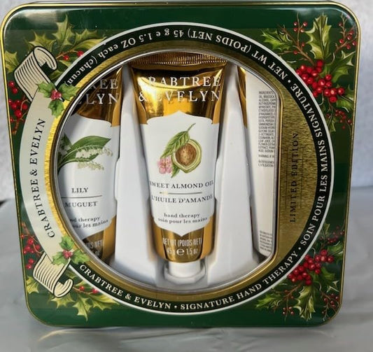 Crabtree & Evelynn Hand Therapy Gift Set Holiday Tin (Green Tin, Avocado,Sweet Almond oil and Lily)