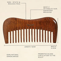 Resèt 100% Natural Handmade Sandalwood Comb | Soft Wide Tooth Wooden Comb | Eco-Friendly Anti-Static for Massage | Wooden Hair Detangler for Men and Women