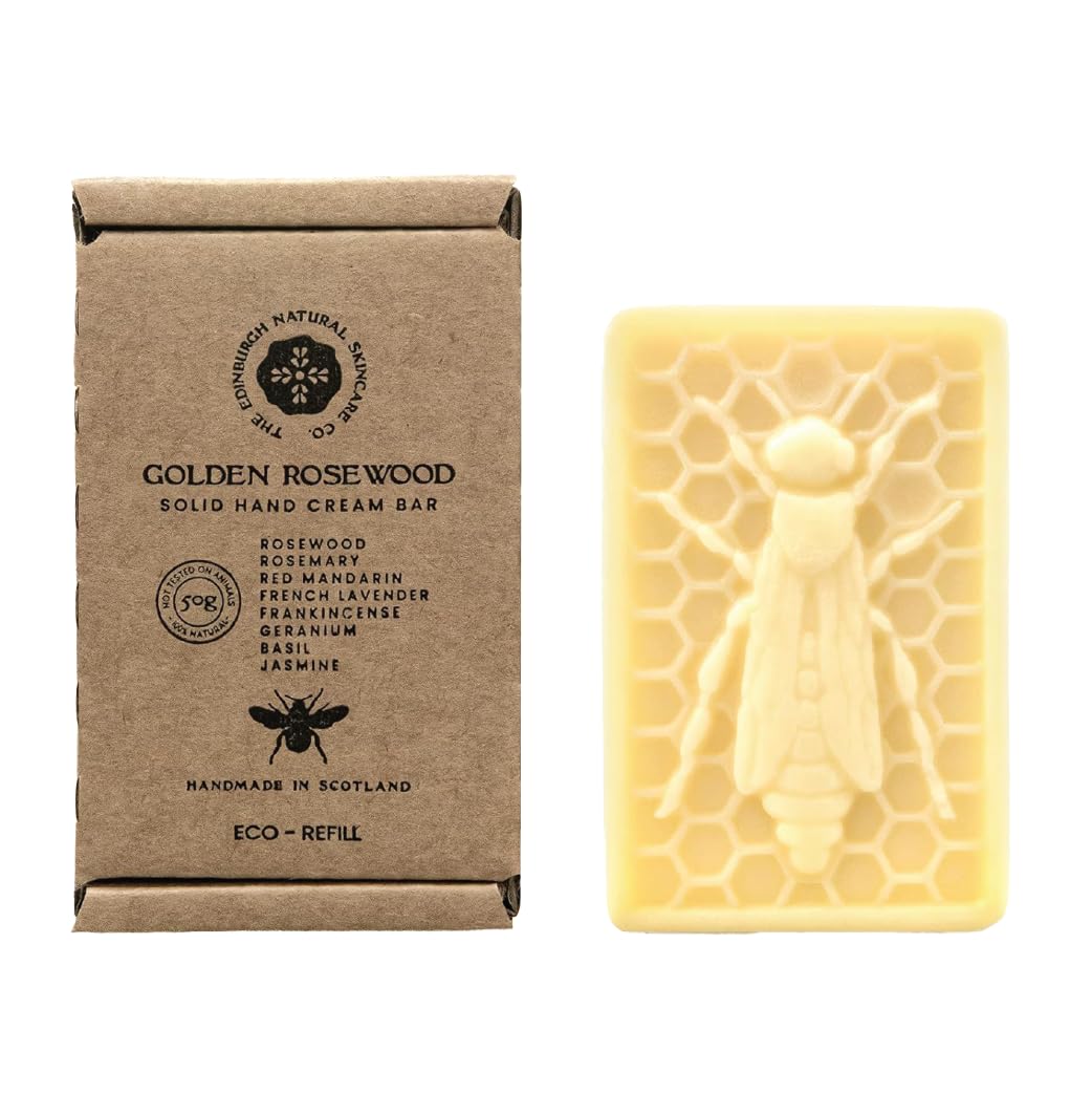 The Edinburgh Natural Skincare Company Ltd. Golden Rosewood Eco-Refill Solid Hand Cream Bar – 100% Natural Moisturiser for Very Dry Hands | With Beeswax, Cocoa Butter & Coconut Oil | 50g | Packaging May Vary