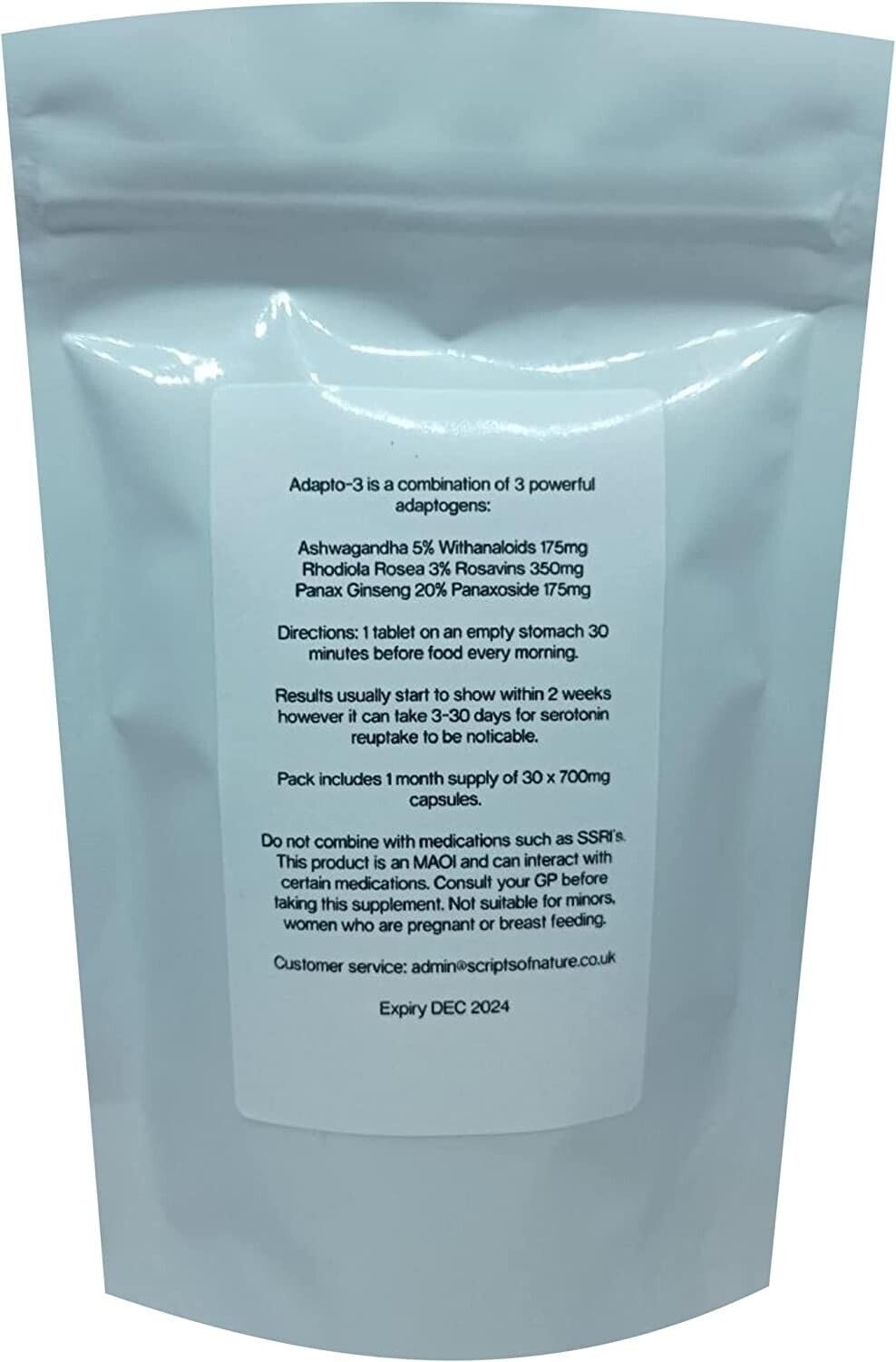 Scripts of Nature Powerful for Anxiety and Low Mood 3 x Adaptogen: Ashwagandha, Rhodiola Rosea & Panax Ginseng