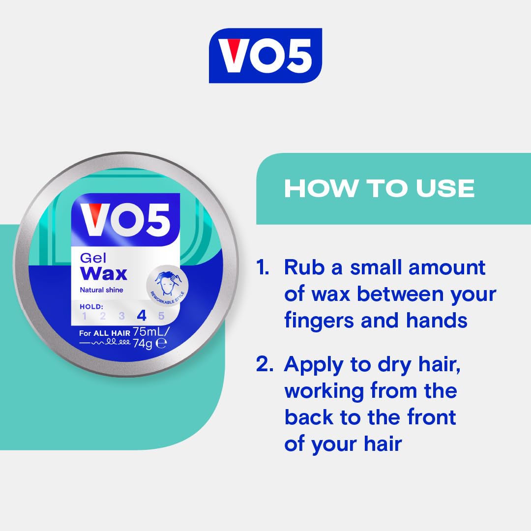 VO5 Gel Wax, Hair Styling Product for Flexible Hold & Definition, Reworkable Texture, Soft Shine Finish, Non-Greasy, Ideal for Short Hair, 75ml