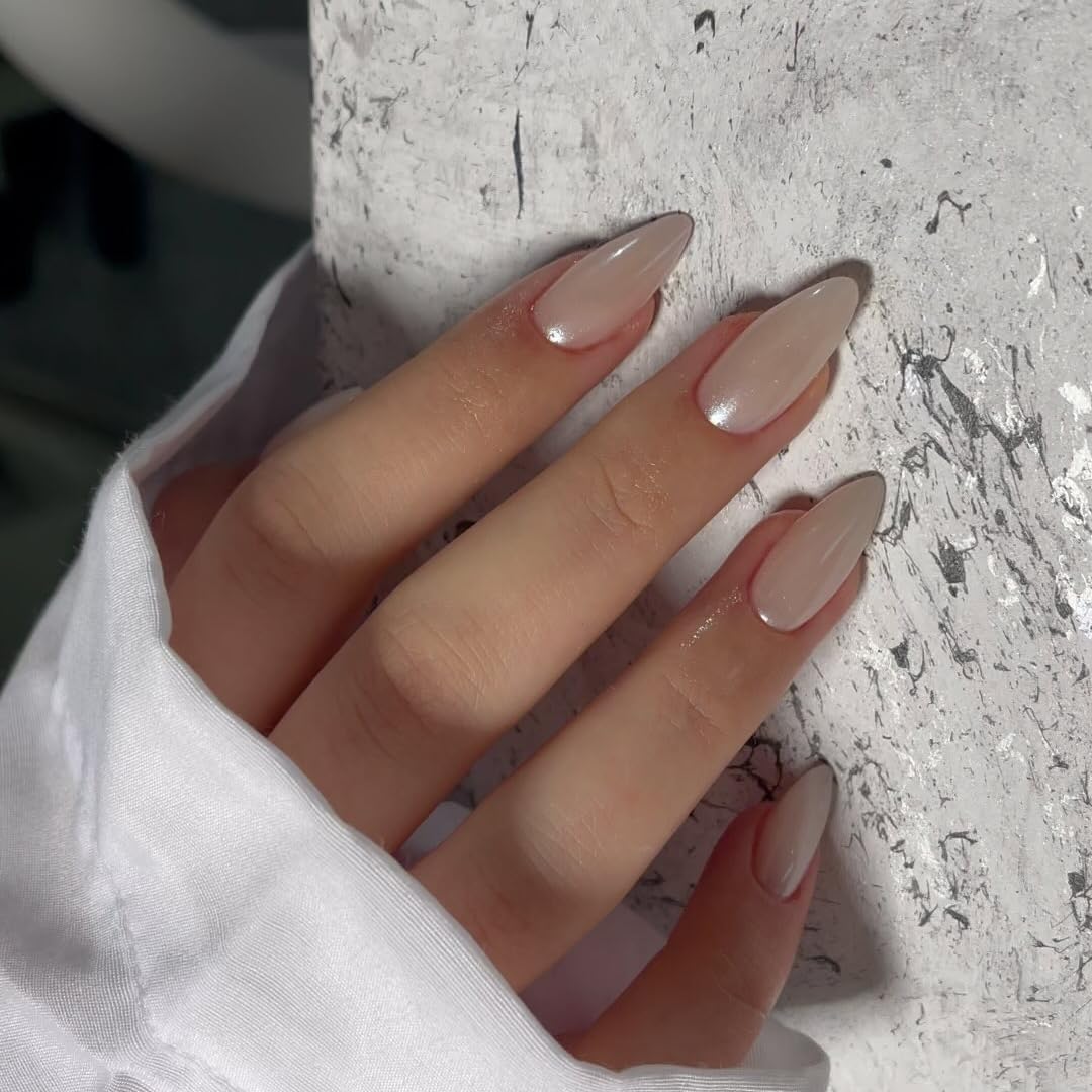 Chrome White False Nails Almond, SXVME Chrome Press On Nails Medium, Glazed Gel Fake Nails Press on Medium Stiletto, Glitter Shine Glue on Nails for Women Daily & Party Wear