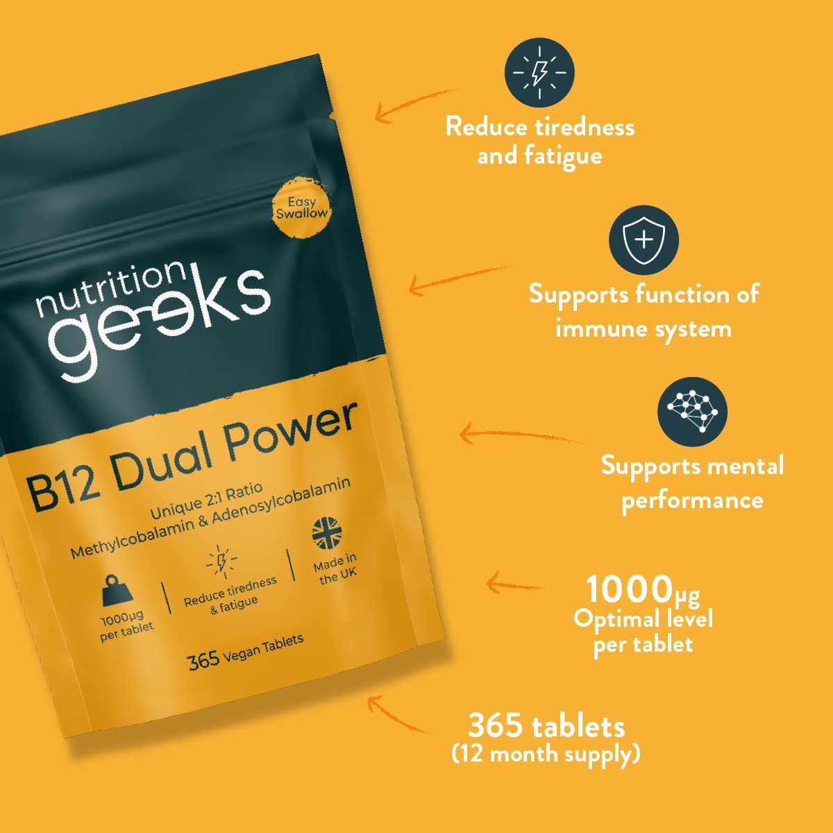 Vitamin B12 Tablets High Strength - 1 Year Supply (365 Tablets) - 1000mcg Dual Power B12 Vitamin Complex with Methylcobalamin & Adenosylcobalamin - Vegan B12 Supplement - Energy Support - UK Vit B12