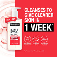 Neutrogena Clear & Defend+ Face Wash (1x 200ml), Purifying Facial Wash for Acne-Prone Skin with Salicylic Acid and AHA/PHA, Fragrance-Free Face for Spot-Prone Skin to Help Prevent Breakouts