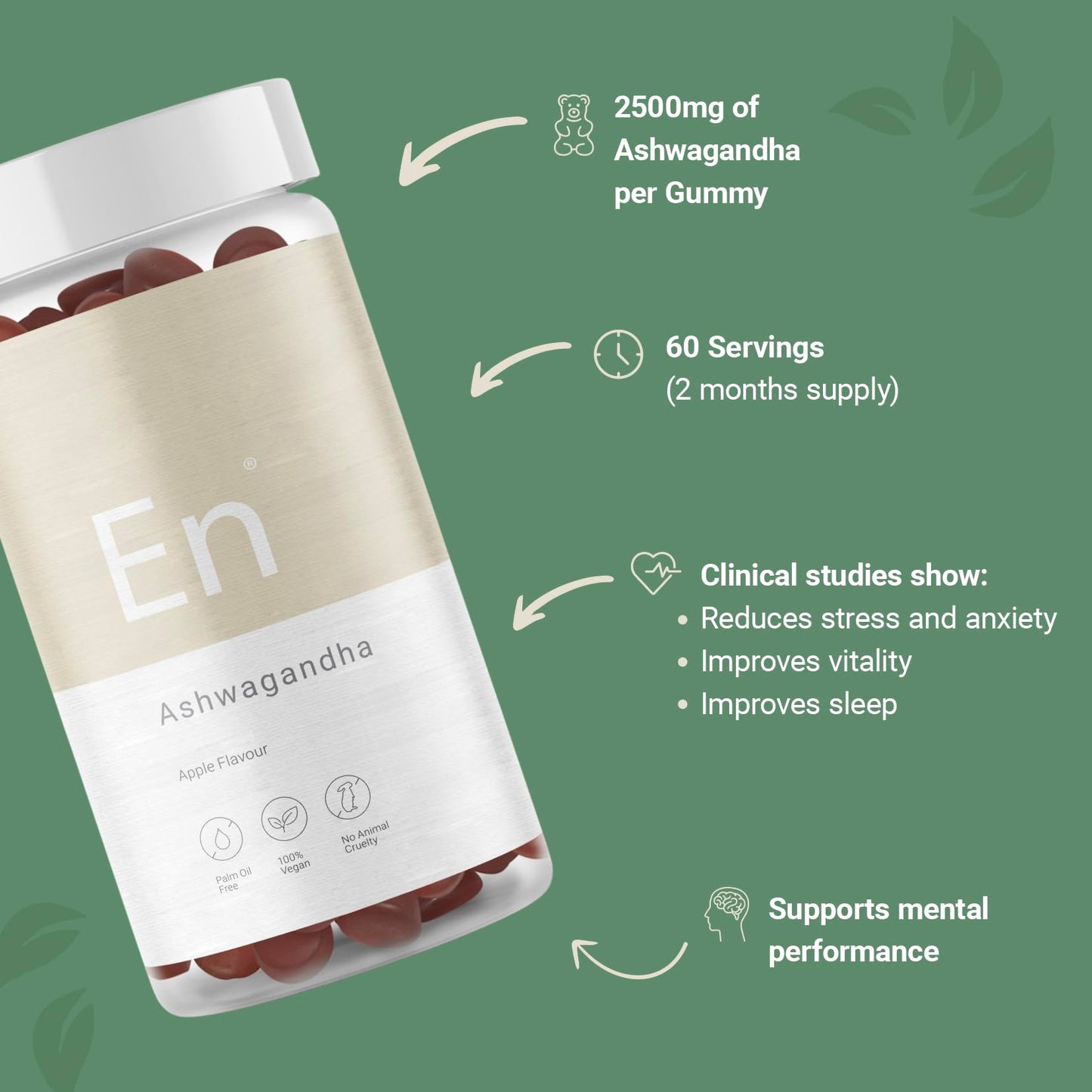 27 Elements Ashwagandha Gummies | 2 Months Supply - 60 Gummies | 2500mg - High Strength Withania Somnifera Root with 5% Withanolides and Vitamin B6 | Apple Flavoured Vegan Gummies - Gluten Free - Palm Oil Free