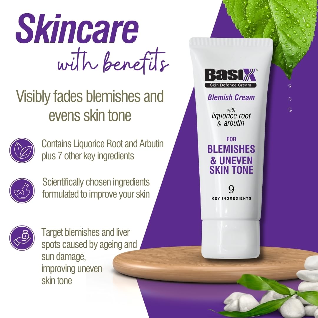 Basix Skin Defence Cream Blemish Cream [TWIN PACK 2x75ml] with Liquorice and Arbutin for Fading Blemishes, Liver Spots and Uneven Skin Tone