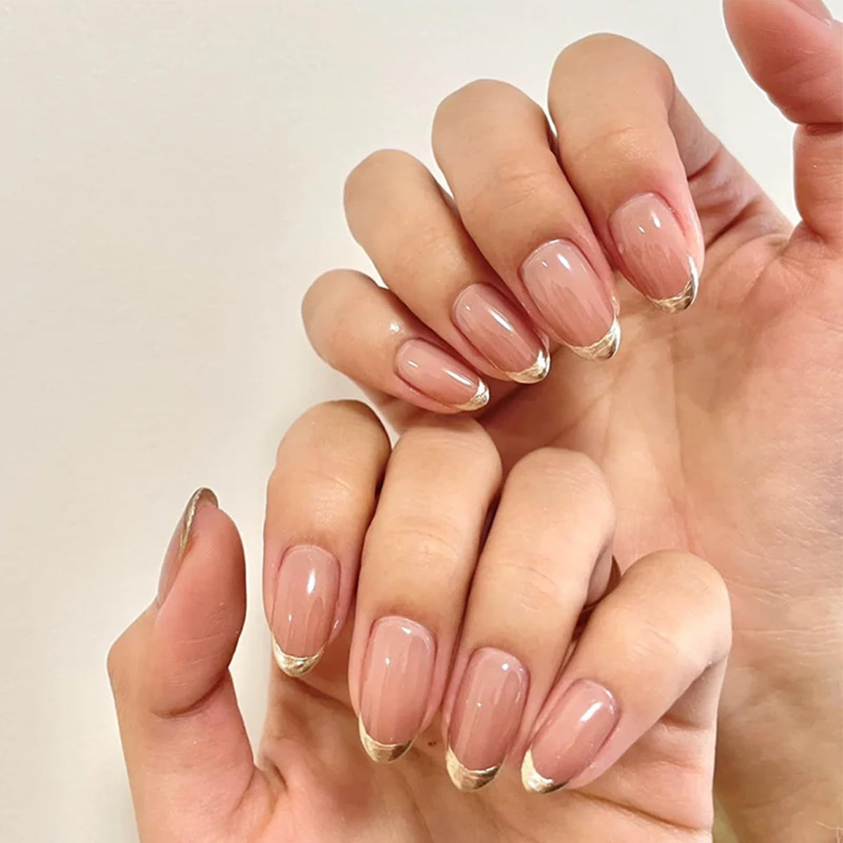 EONFAVE 24pcs False Nails French Tip - Nude Gold Edge Press on Nails Short Almond - Strong Fake Nails with Glue - Full Cover Stick on Nail for Women French Nail Art